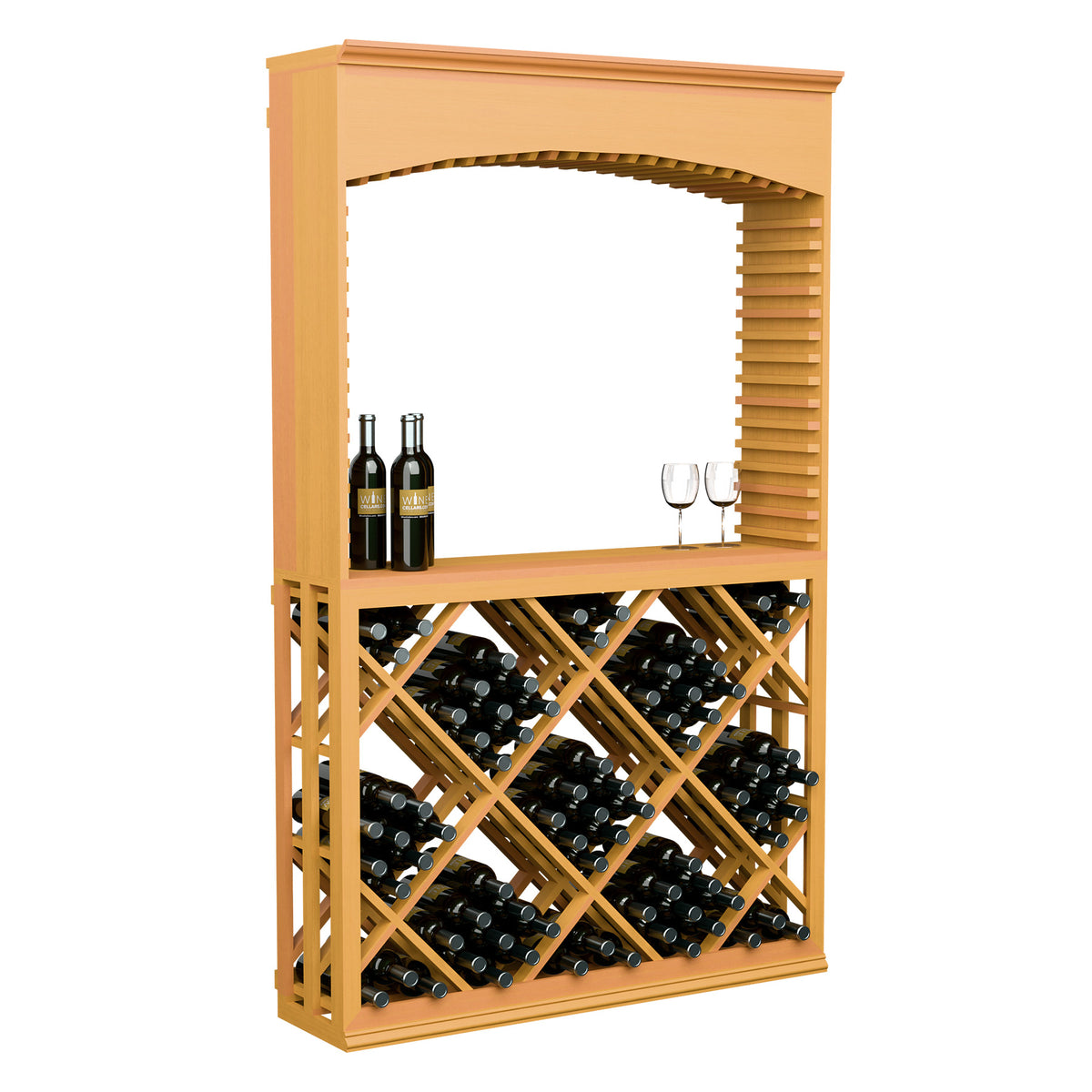 Light wood wine tasting station with archway frame, bottle rack, and two wine glasses.