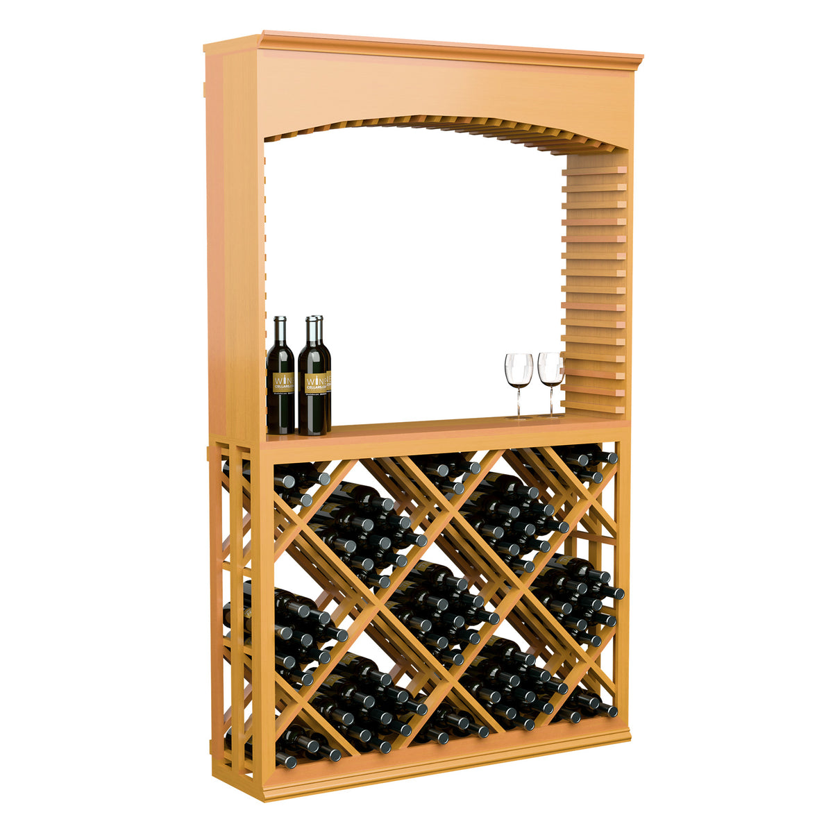 Light wood wine tasting station with arched top frame and diamond lattice bottle storage.