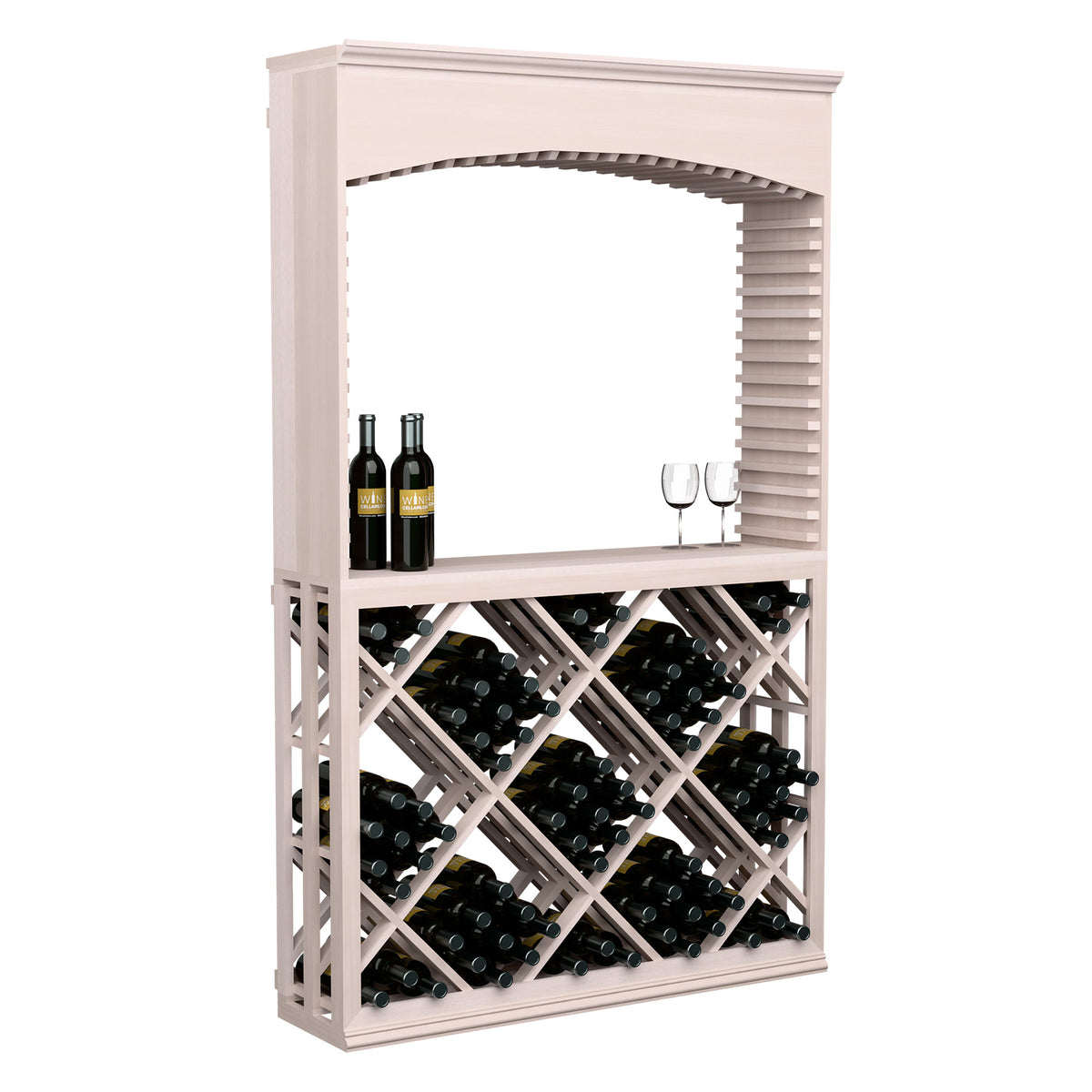 Whitewashed wine tasting station with archway top, diamond lattice bottle rack, and glasses.