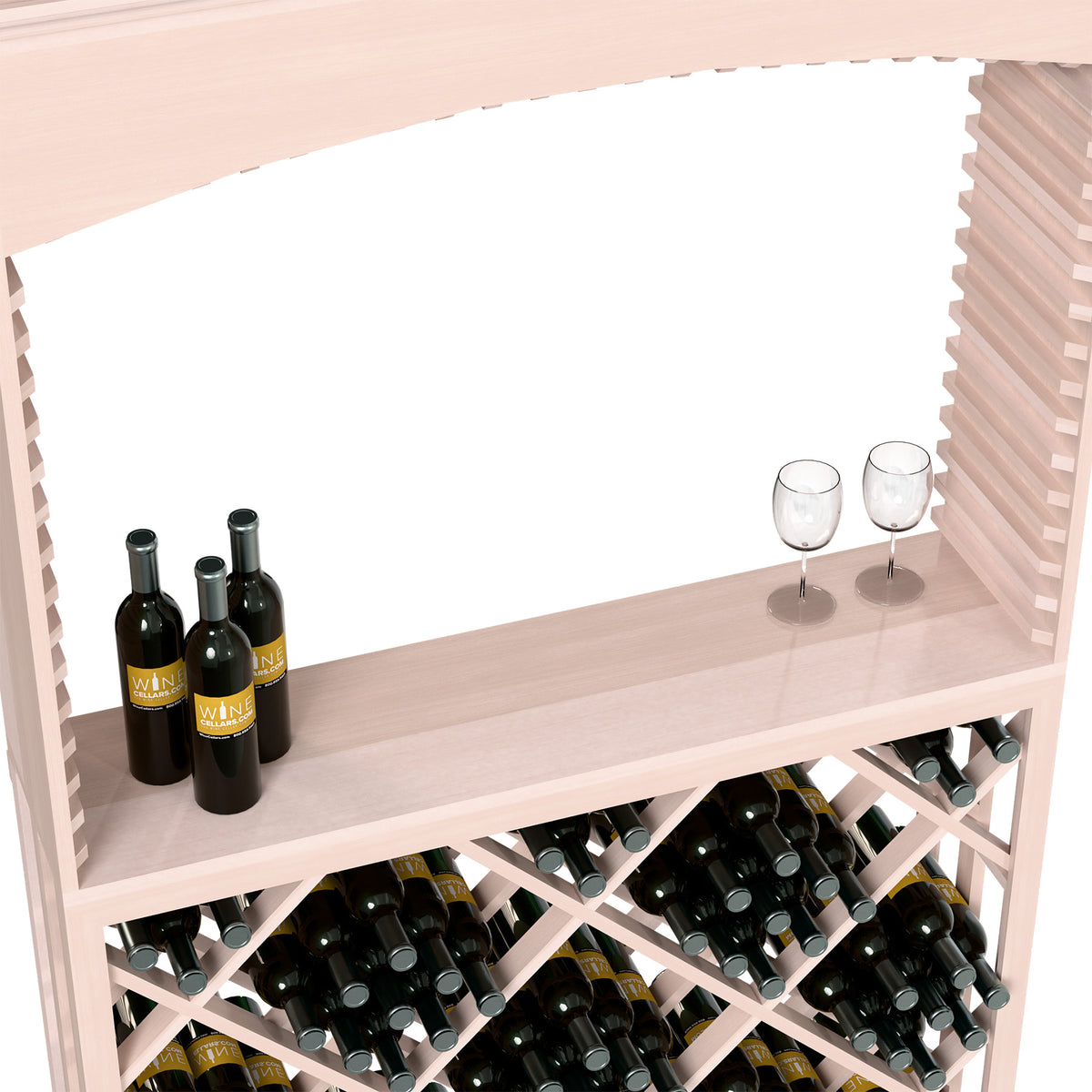 Whitewashed wine bar with serving shelf, wine glasses, and diamond lattice wine bottle rack.