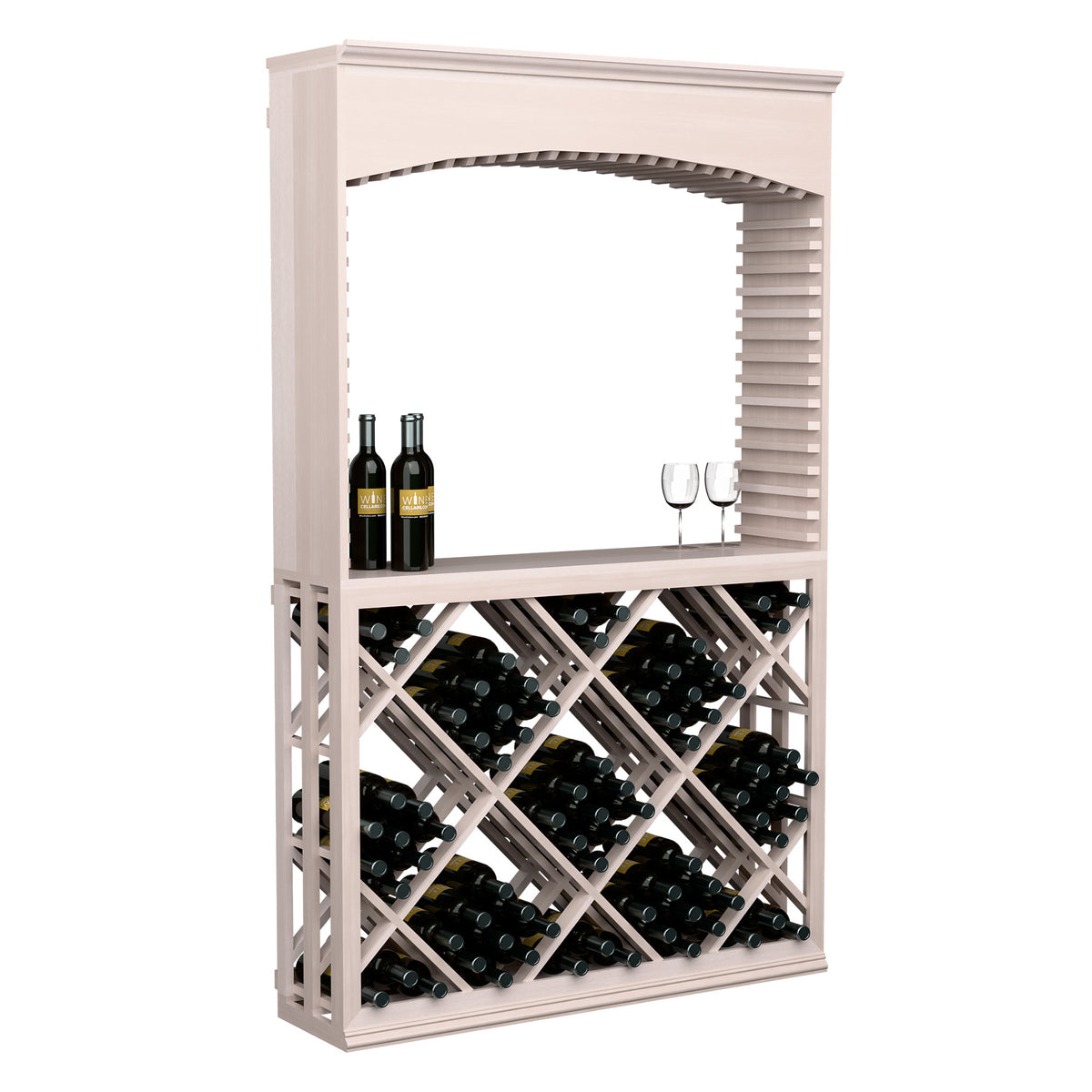 Whitewashed wood wine tasting station with archway frame, bottle rack, and stemware.