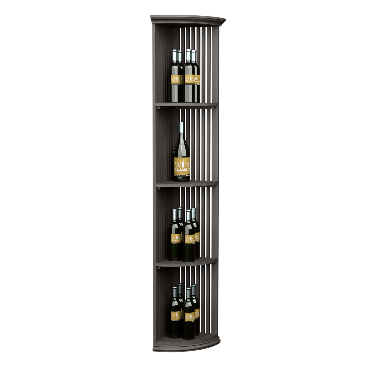 Quarter-round wine bottle shelf with lattice back and round base, dark finish