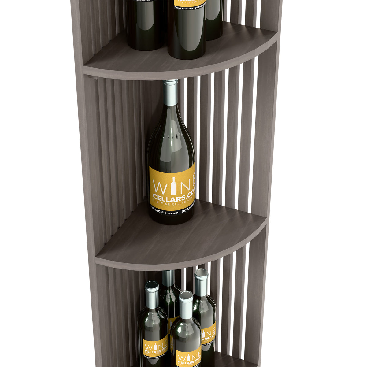 Corner view of quarter-round wine bottle shelf with lattice panels, dark finish