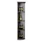 Quarter-round wine bottle shelf with lattice back and round base, dark finish