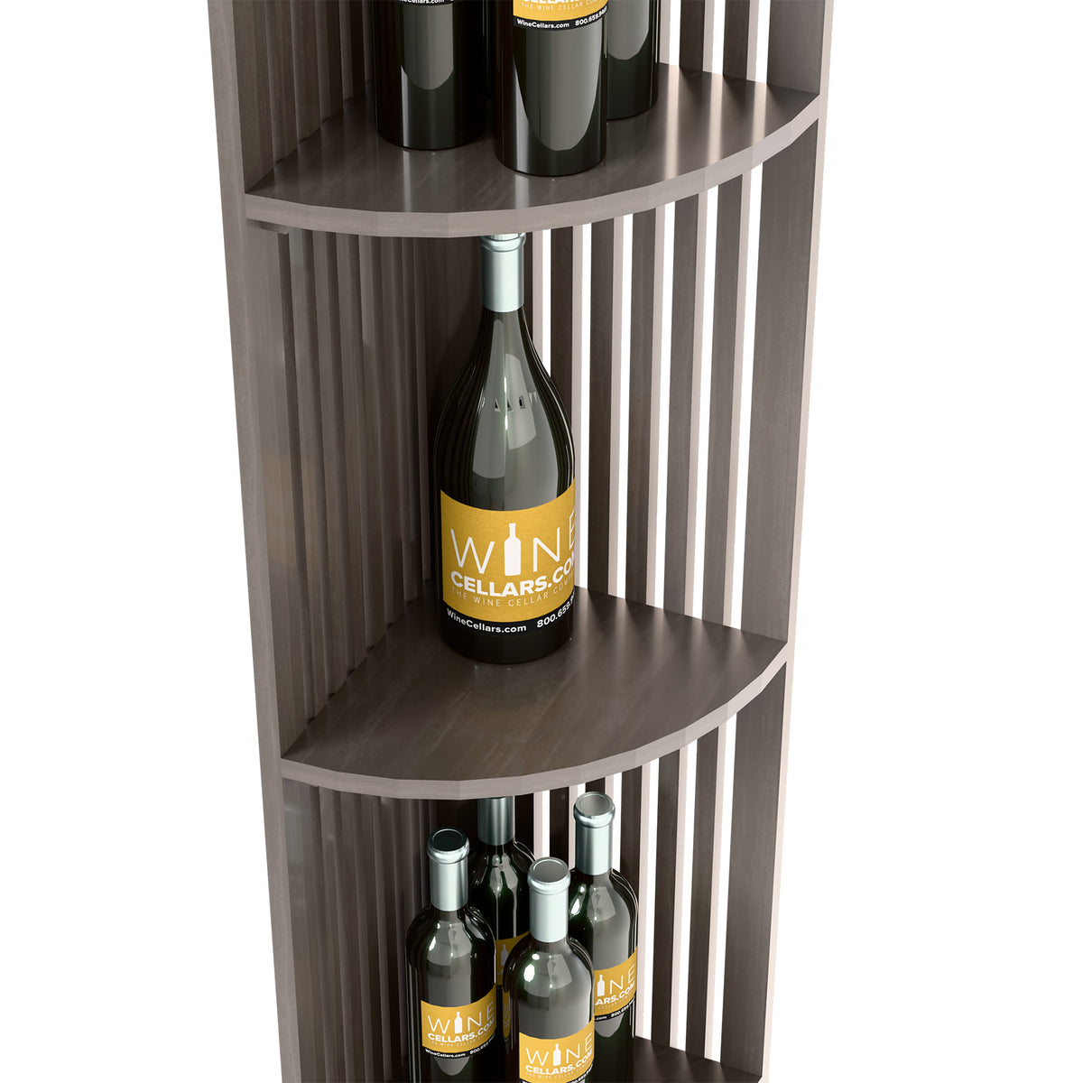 Corner view of quarter-round wine bottle shelf with lattice panels, dark finish