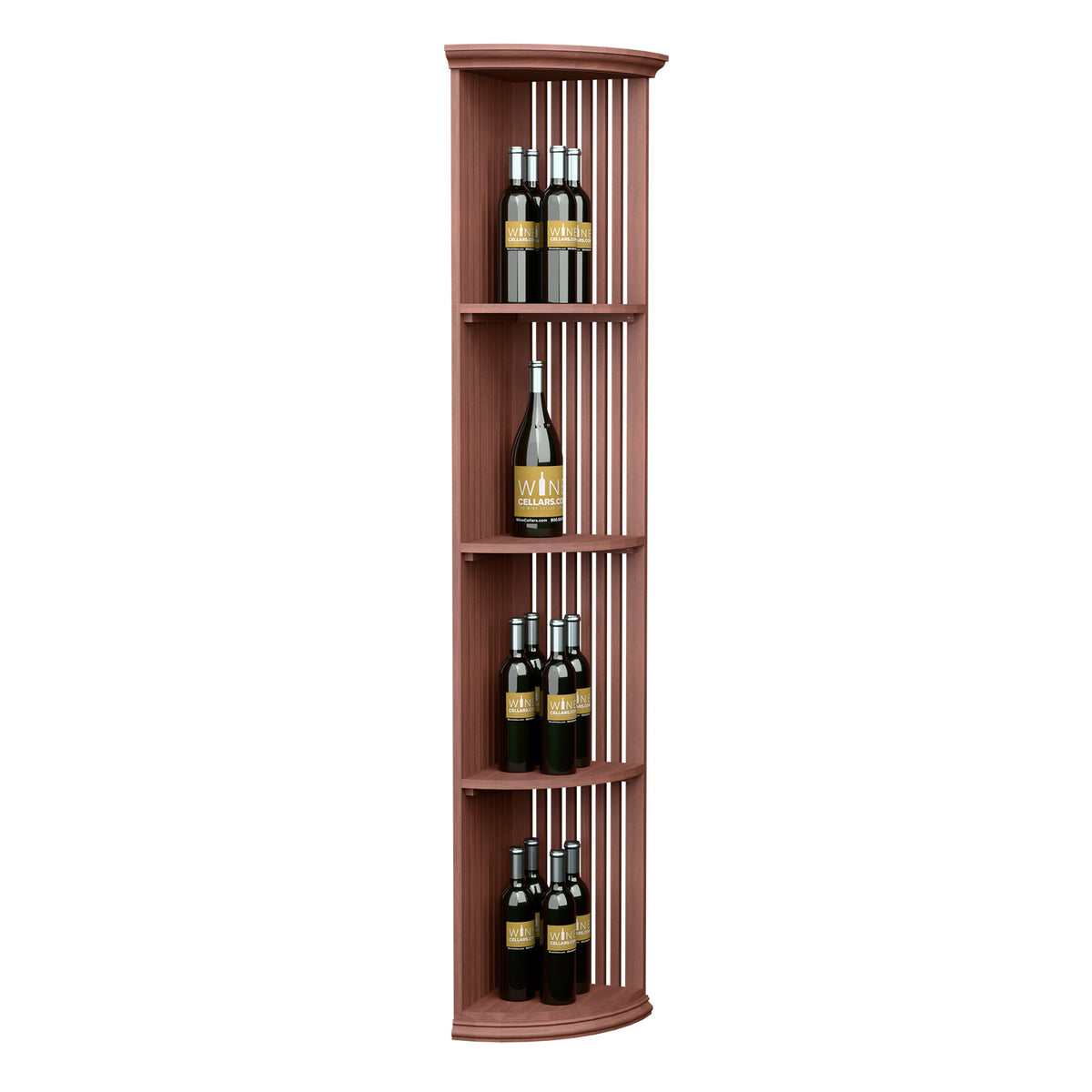 Quarter-round wine bottle shelf with lattice back and round base, warm wood finish