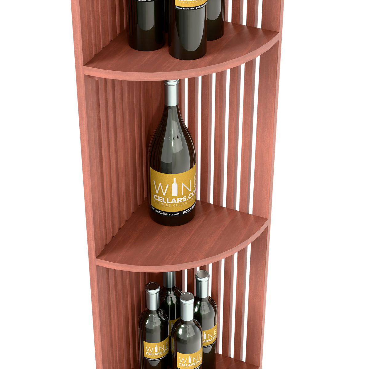 Corner view of quarter-round wine bottle shelf with lattice panels, warm wood finish