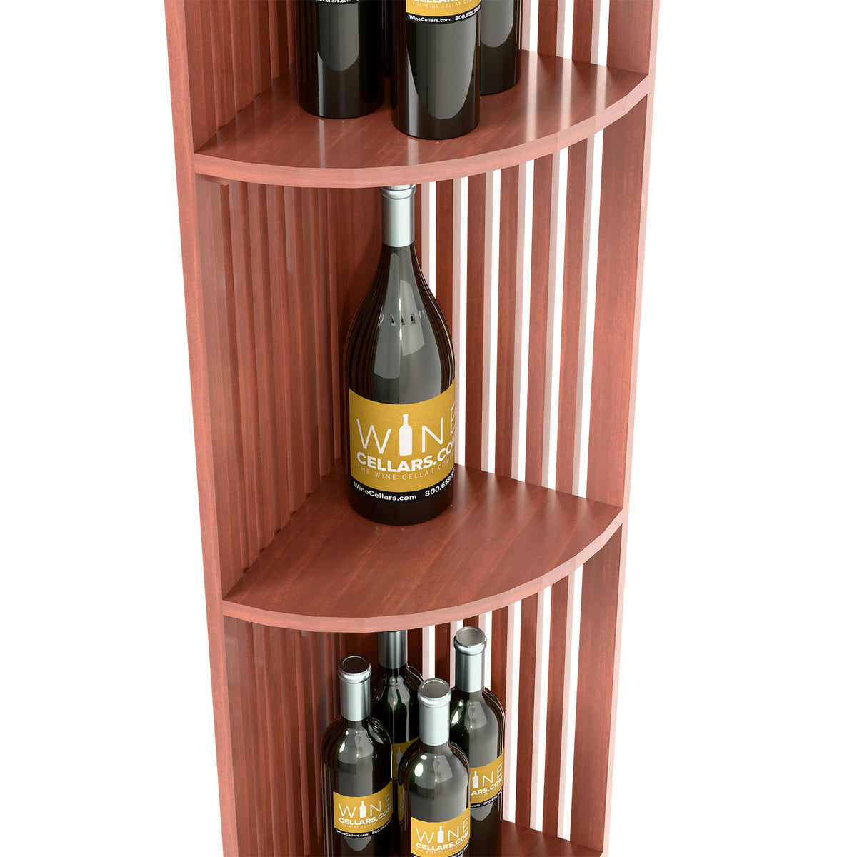 Corner view of quarter-round wine bottle shelf with lattice panels, warm wood finish