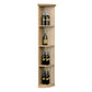 Quarter-round wine bottle shelf with lattice back and round base, light wood finish