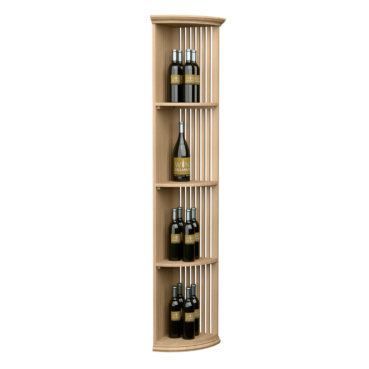 Quarter-round wine bottle shelf with lattice back and round base, light wood finish