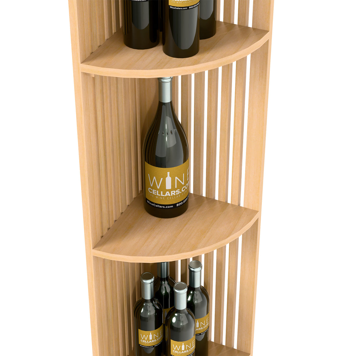 Corner view of quarter-round wine bottle shelf with lattice panels, light wood finish