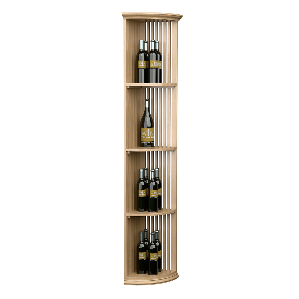 Lattice quarter-round wine shelf tower with round base, holding several bottles