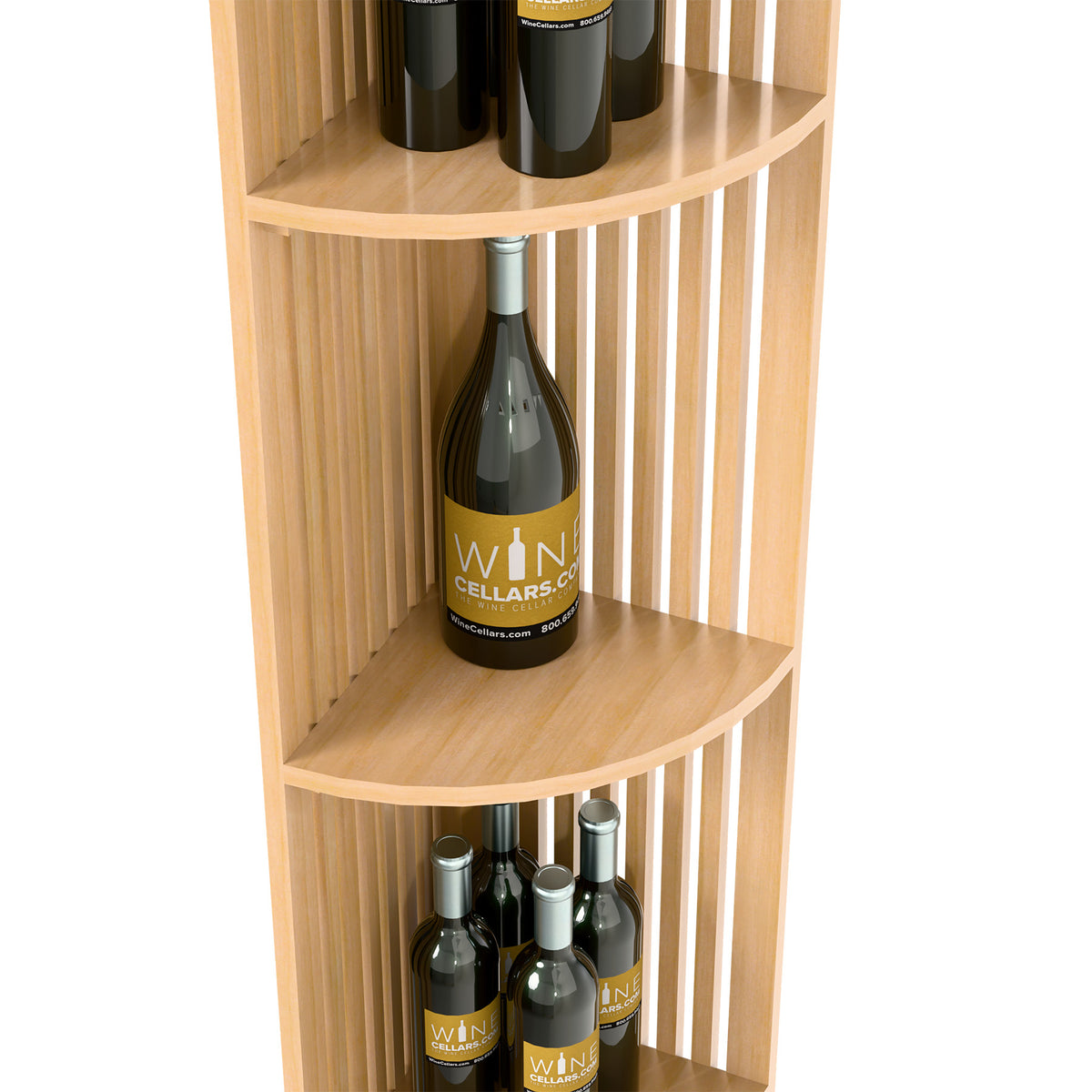 Quarter-round wine shelf with lattice sides and two-tier bottle display