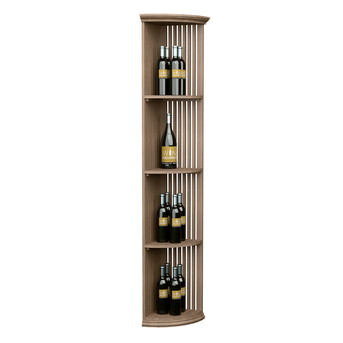 Lattice quarter-round wine shelf tower with round base, shown front view