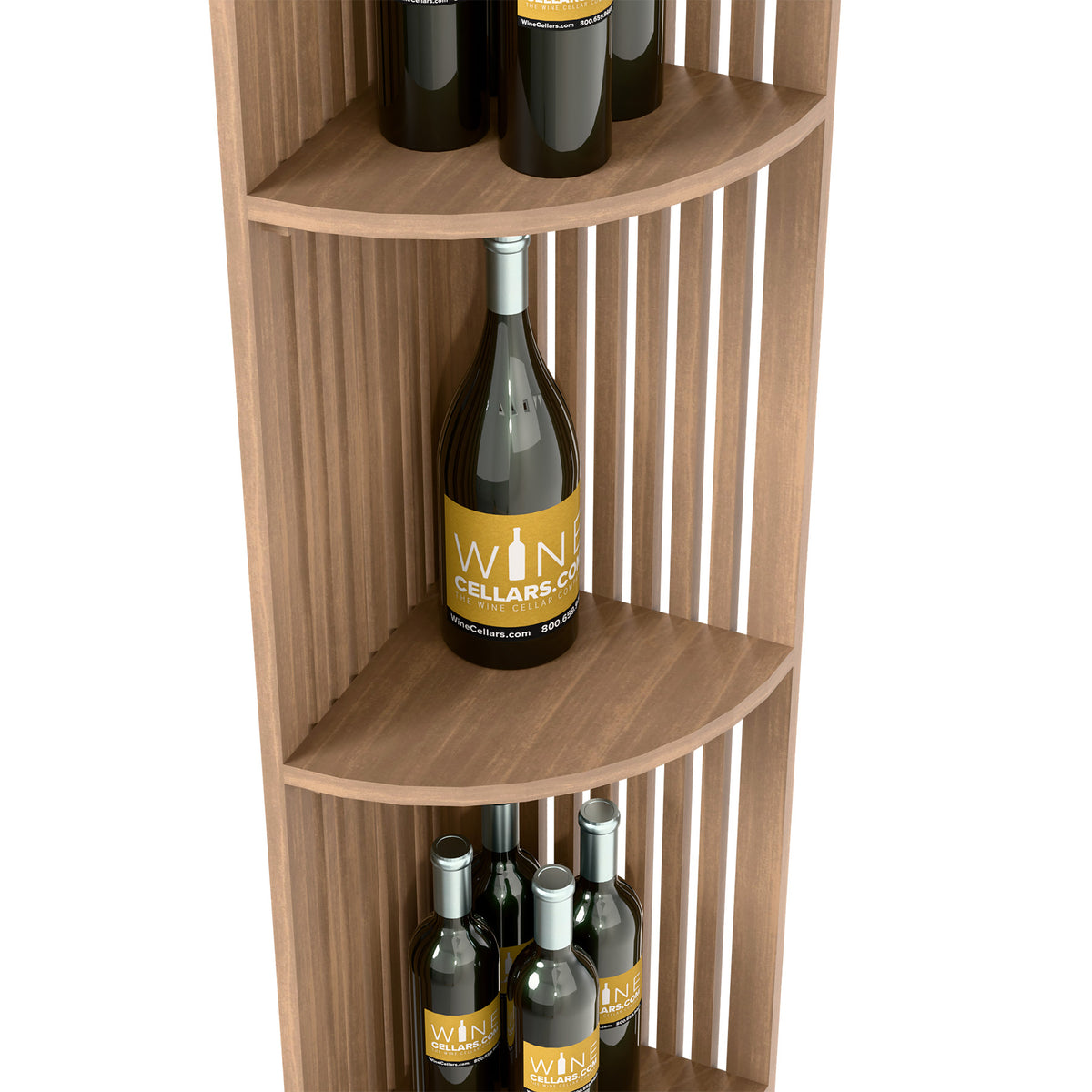 Quarter-round wine shelf with lattice back and curved shelves for bottles
