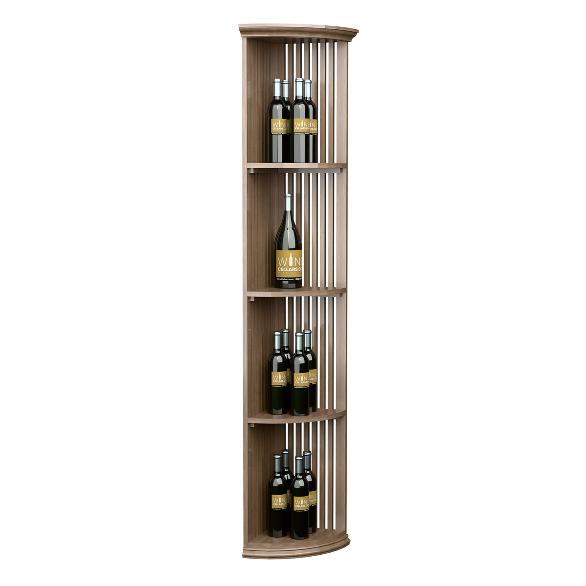 Lattice quarter-round wine shelf tower with round base, dark wine bottle arrangement