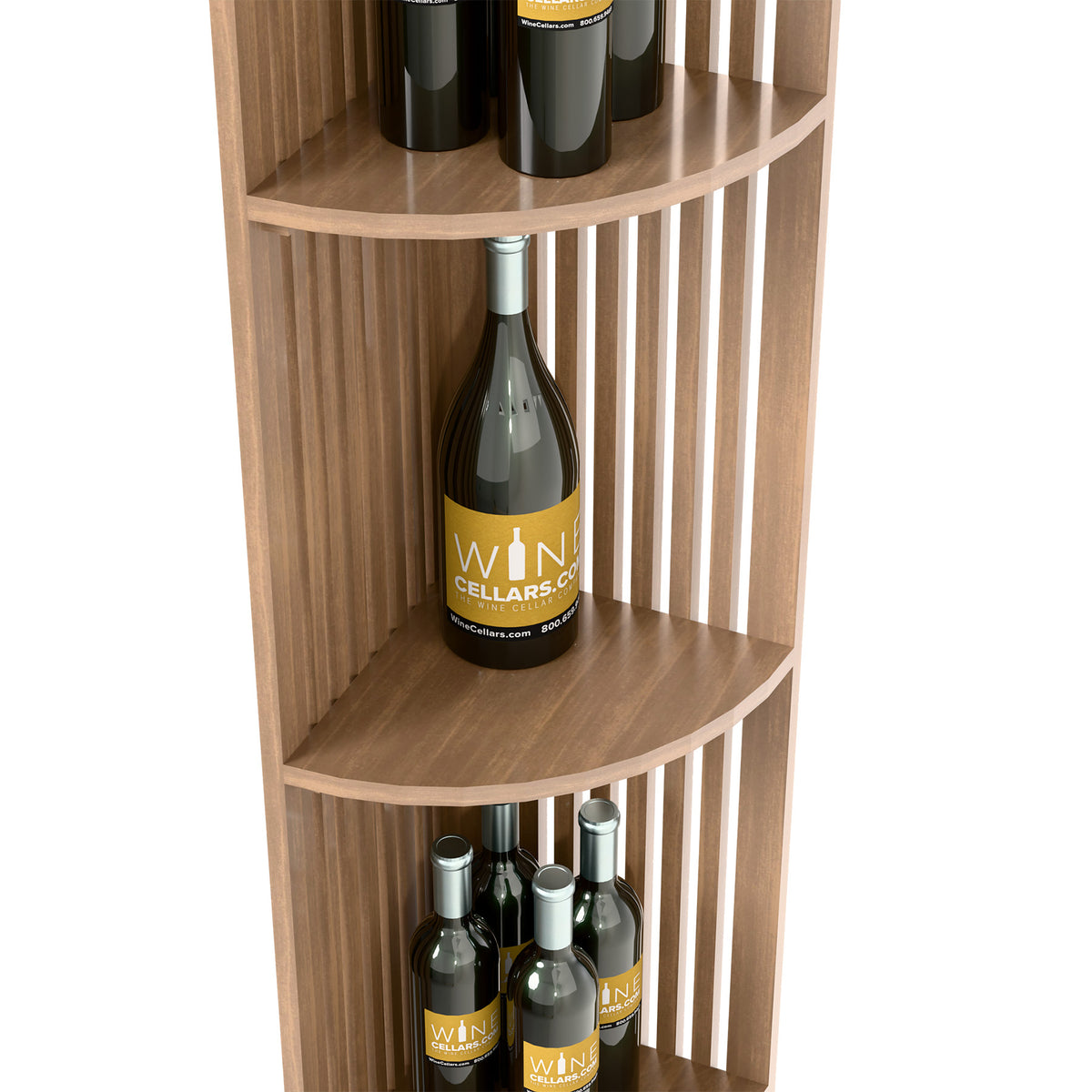 Quarter-round wine shelf with lattice panels and curved shelves, holding wine bottles
