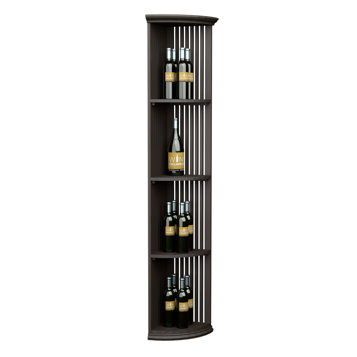 Lattice quarter-round wine shelf tower with round base in dark finish, bottle-ready