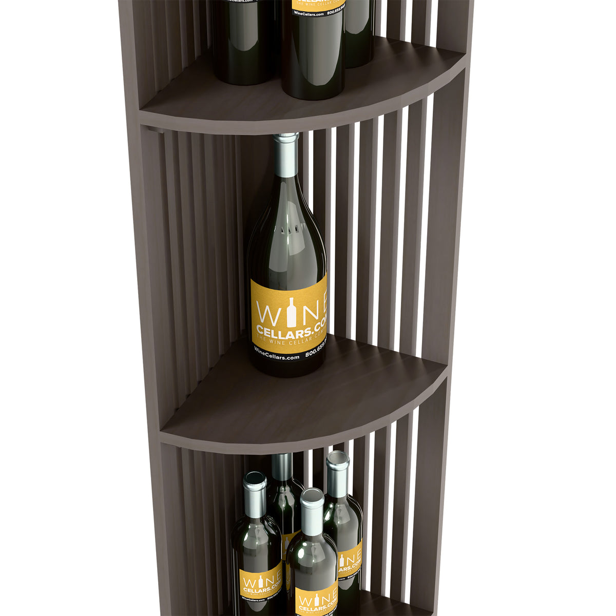 Dark lattice quarter-round wine shelf with curved shelves and bottle display