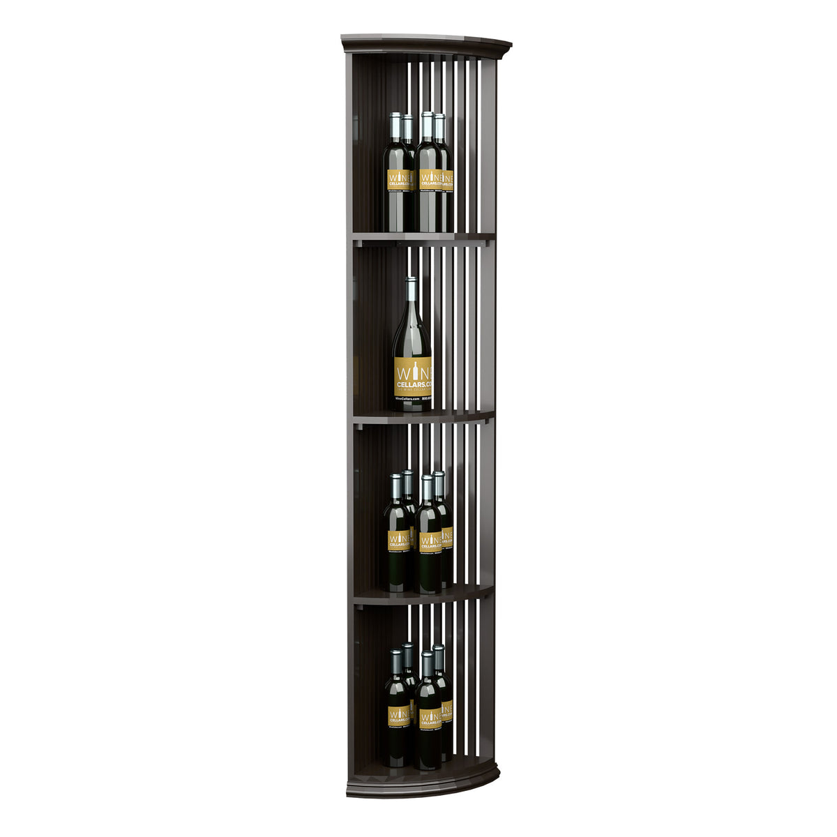 Dark lattice quarter-round wine shelf tower with round base, front view with bottles