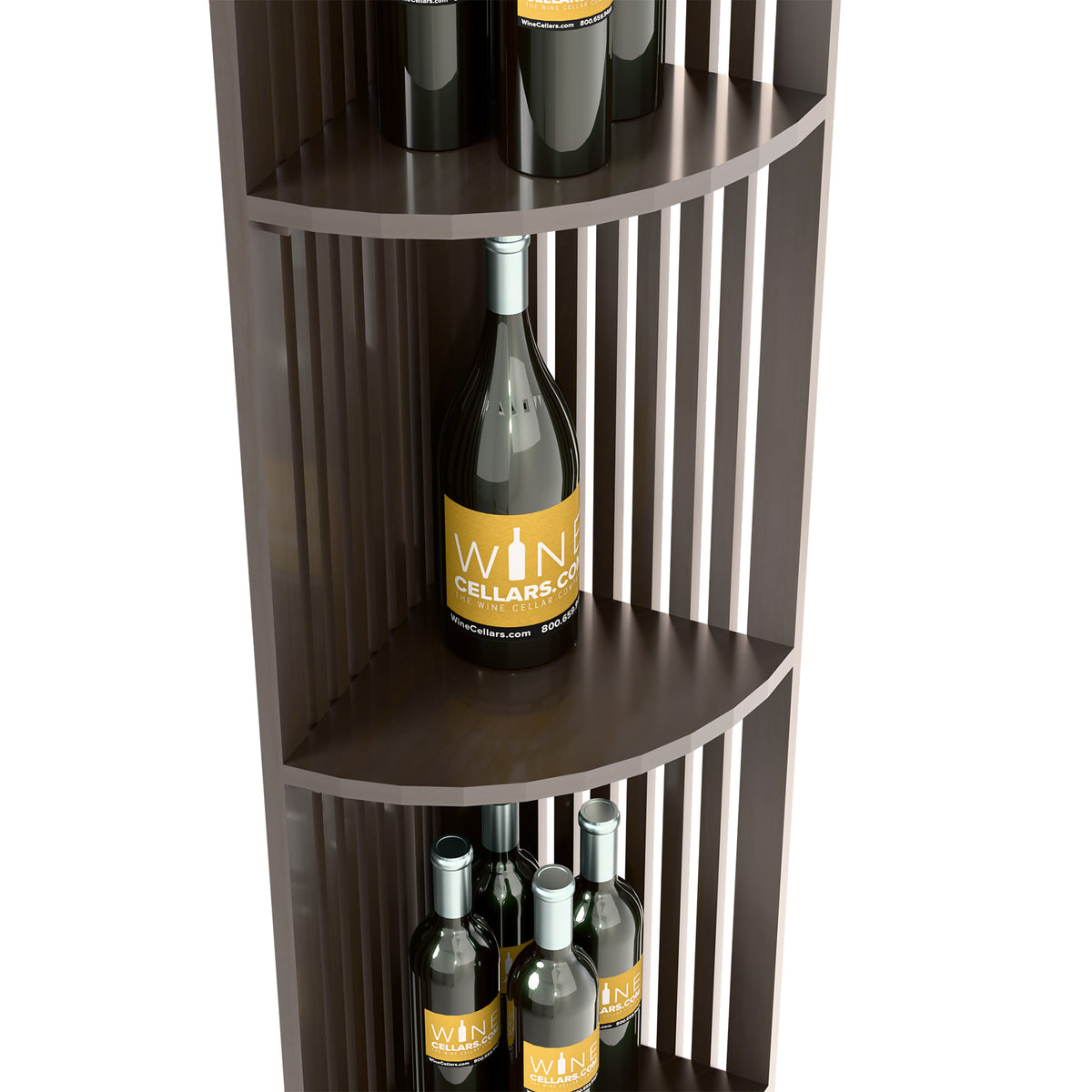 Dark quarter-round wine shelf with lattice sides and curved shelves for bottles