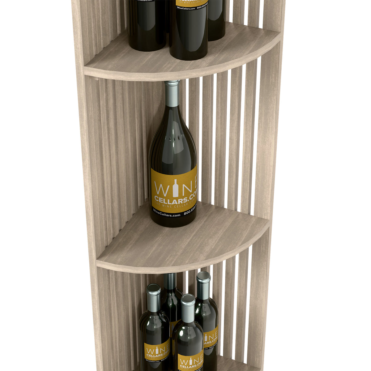 Lattice quarter-round wine shelf corner, light gray wood, two curved storage shelves