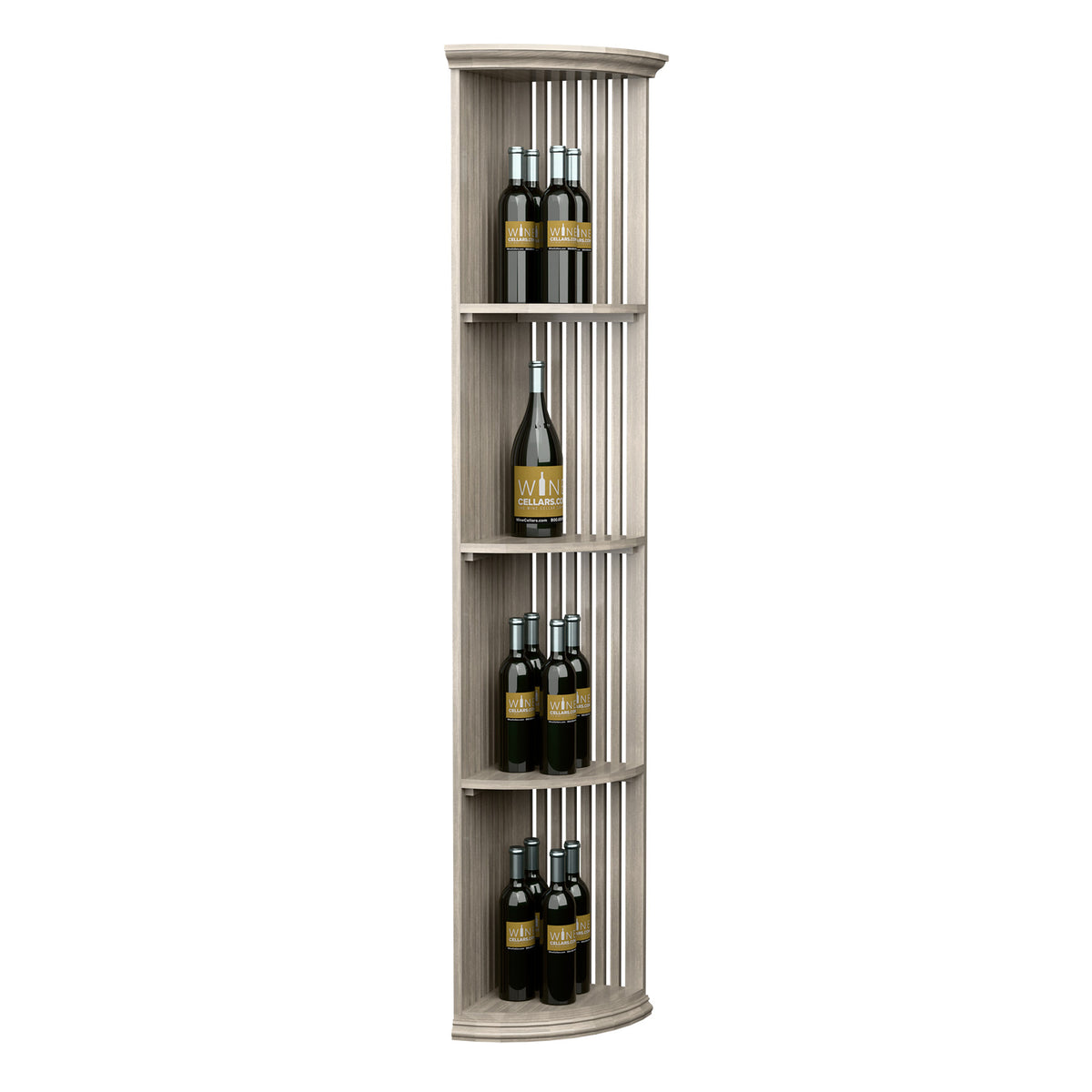 Lattice quarter-round wine shelf with round base, light gray wood, bottle display stand