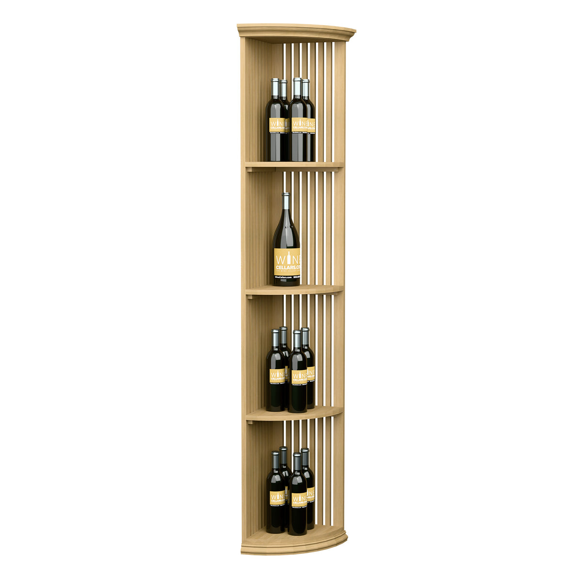 Lattice quarter-round wine shelf with round base, light wood tone, 3 curved tiers