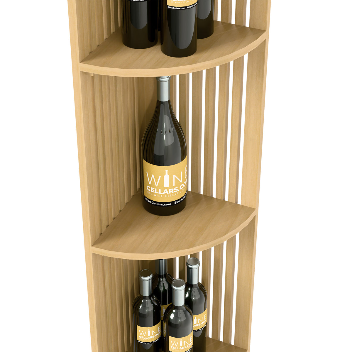 Lattice quarter-round wine shelf corner, light wood tone, two curved bottle shelves