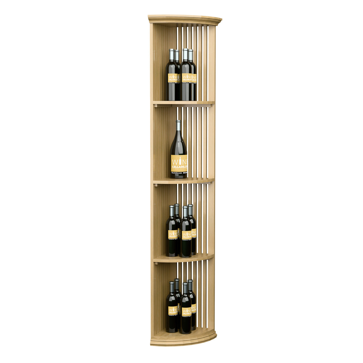 Lattice quarter-round wine shelf with round base, light wood tone, slim vertical slat sides