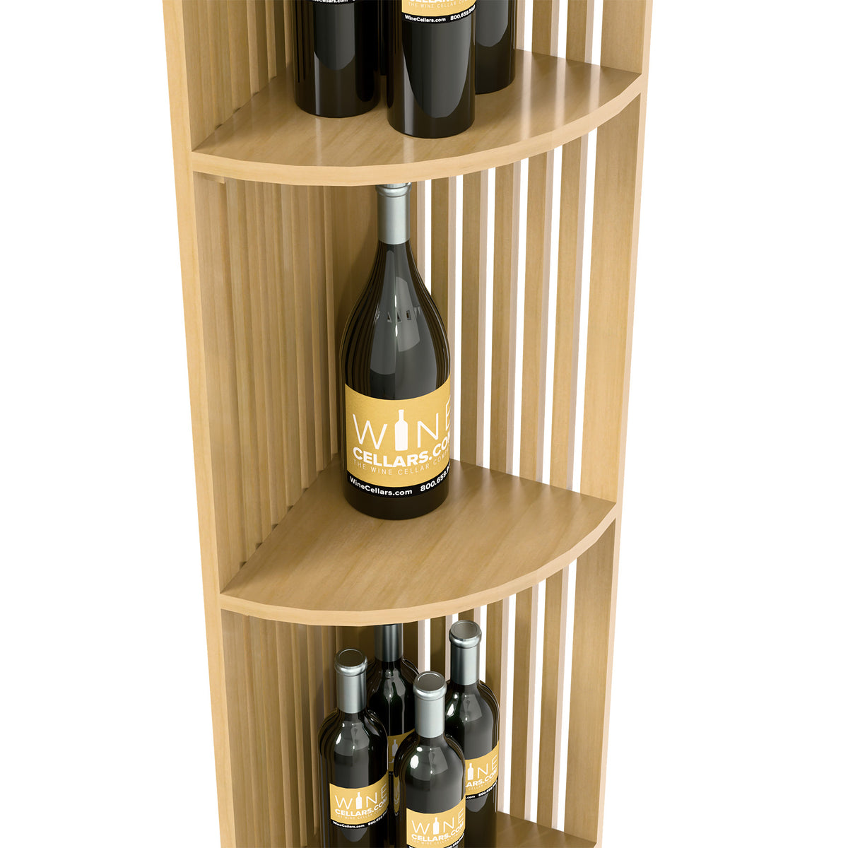 Lattice quarter-round wine shelf corner, light wood tone, curved shelves with bottles