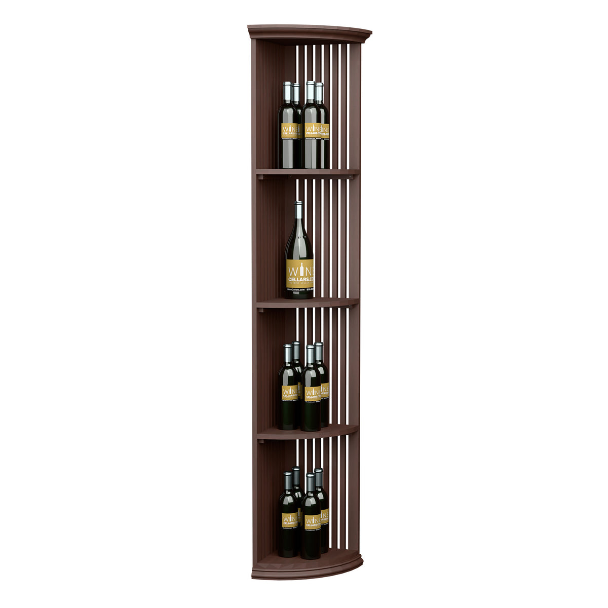 Lattice quarter-round wine shelf with round base, dark wood tone, 3 curved tiers