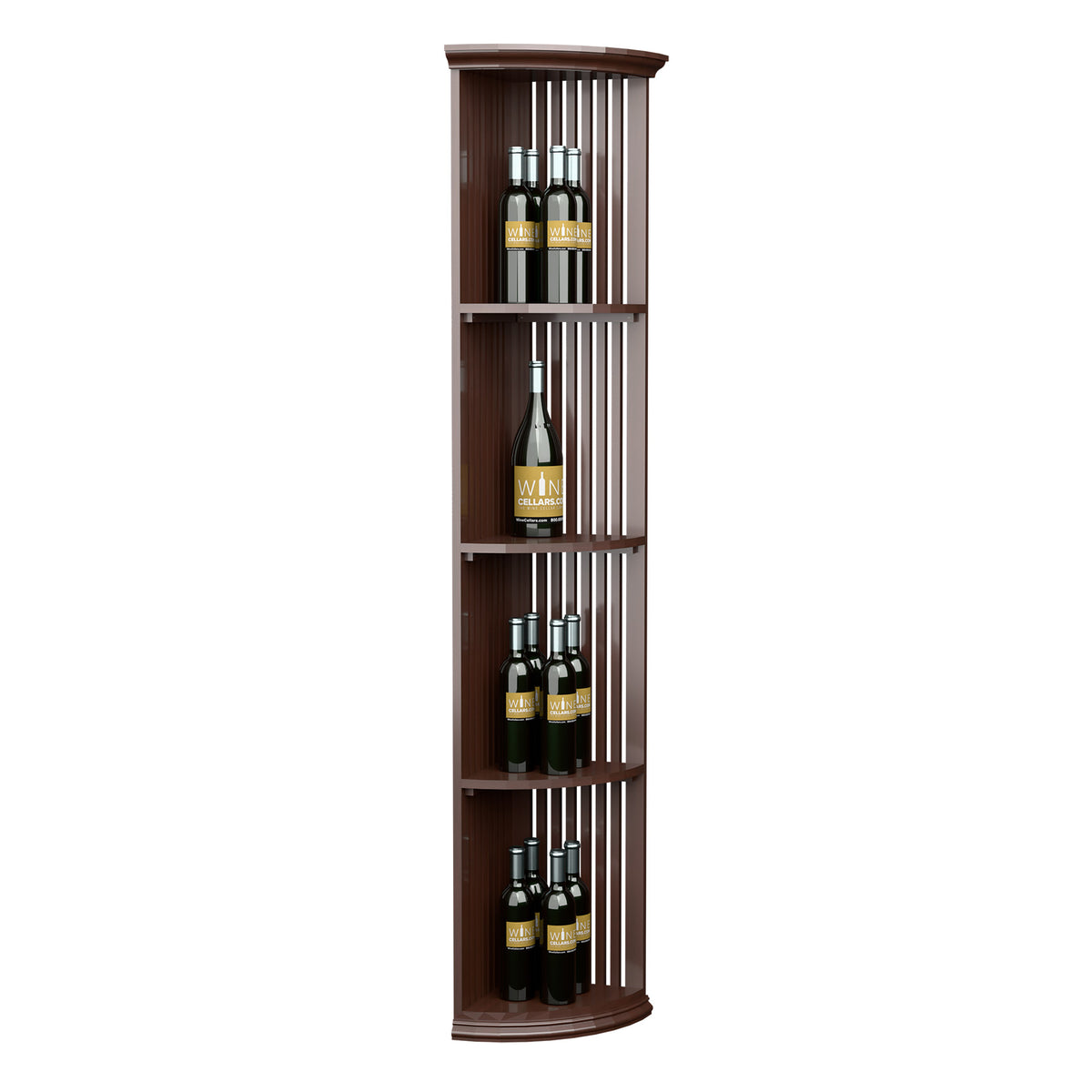Quarter-round lattice wine shelf with round base, dark wood finish, 6 ft tall