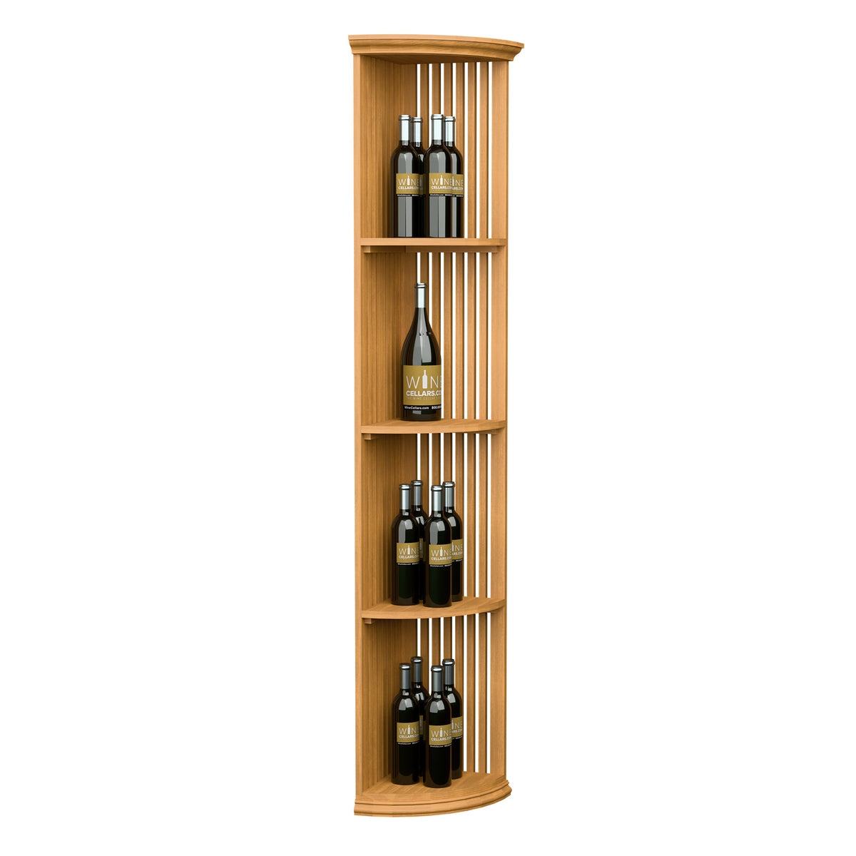 Quarter-round lattice wine shelf with round base, light wood finish, 6 ft tall
