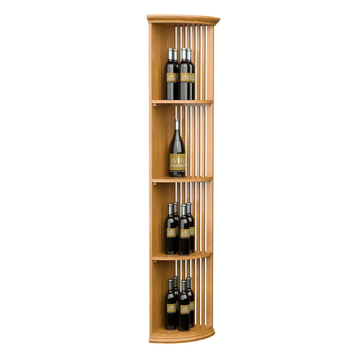 Quarter-round lattice wine shelf with round base, light wood finish, 6 ft tall