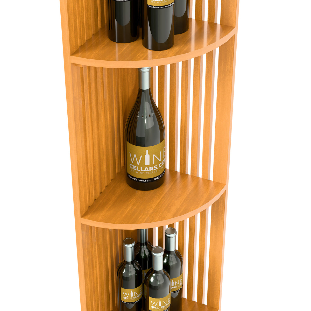 Close-up of quarter-round lattice wine shelf with wine bottle storage, warm light wood