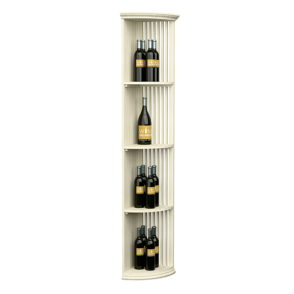 Quarter-round lattice wine shelf with round base, white wood finish, 6 ft tall