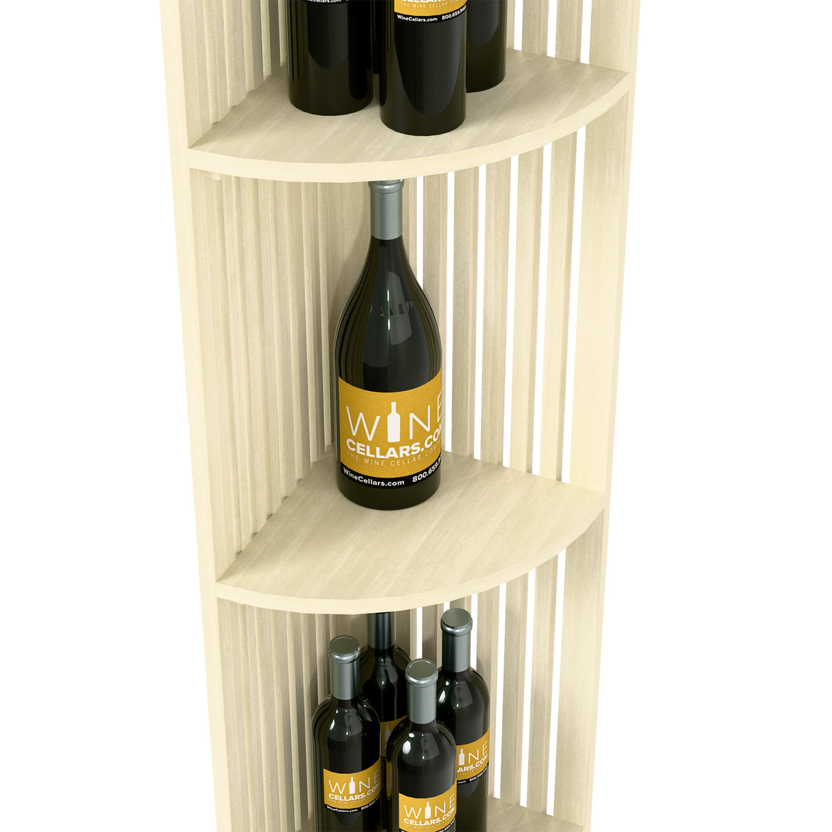 Close-up of quarter-round lattice wine shelf with bottle shelves, white wood finish