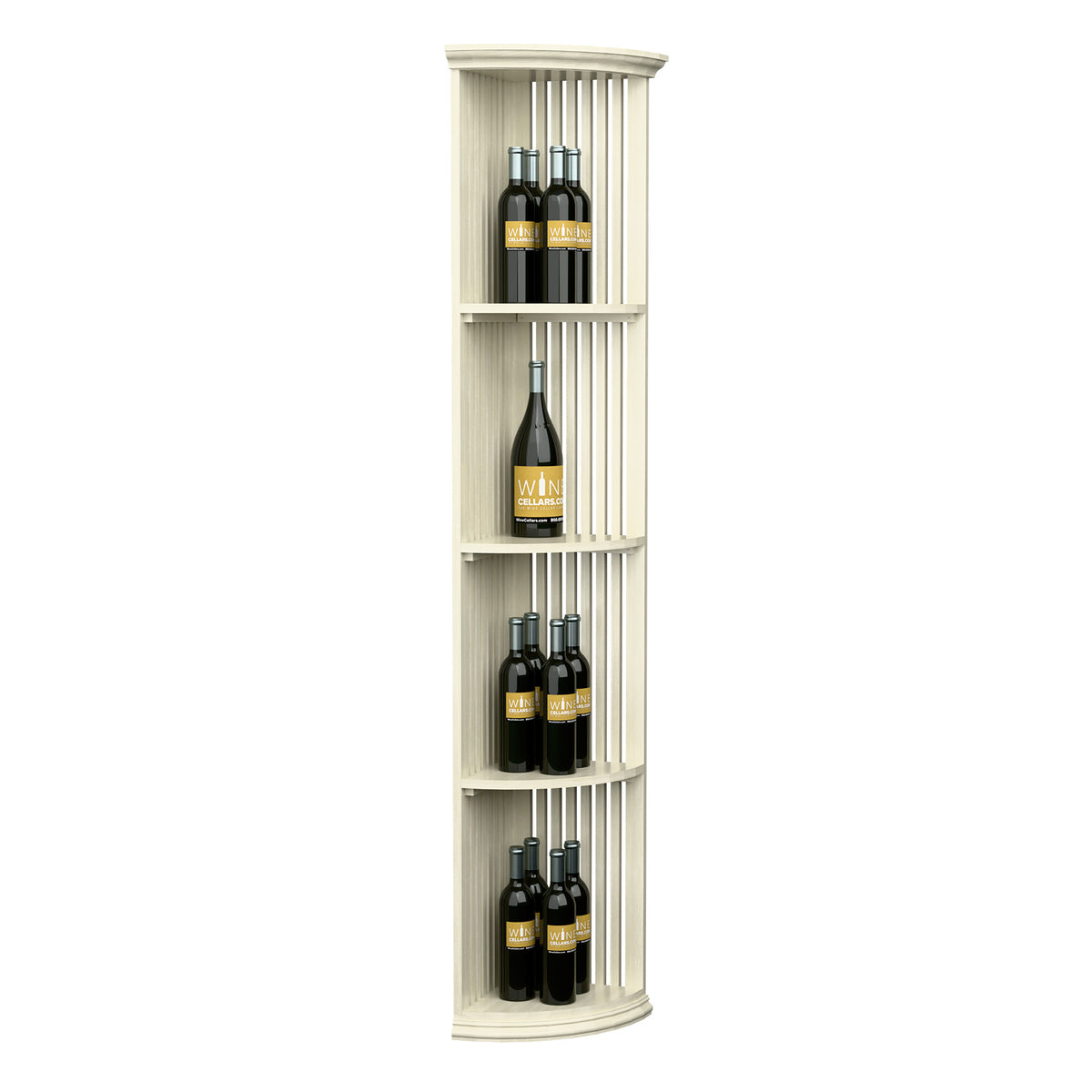 Quarter-round lattice wine shelf with round base, white wood finish, 6 ft tall