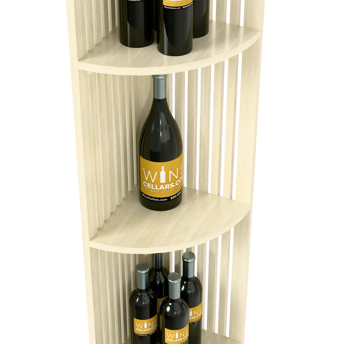 Close-up of quarter-round lattice wine shelf with wine bottle storage, white wood