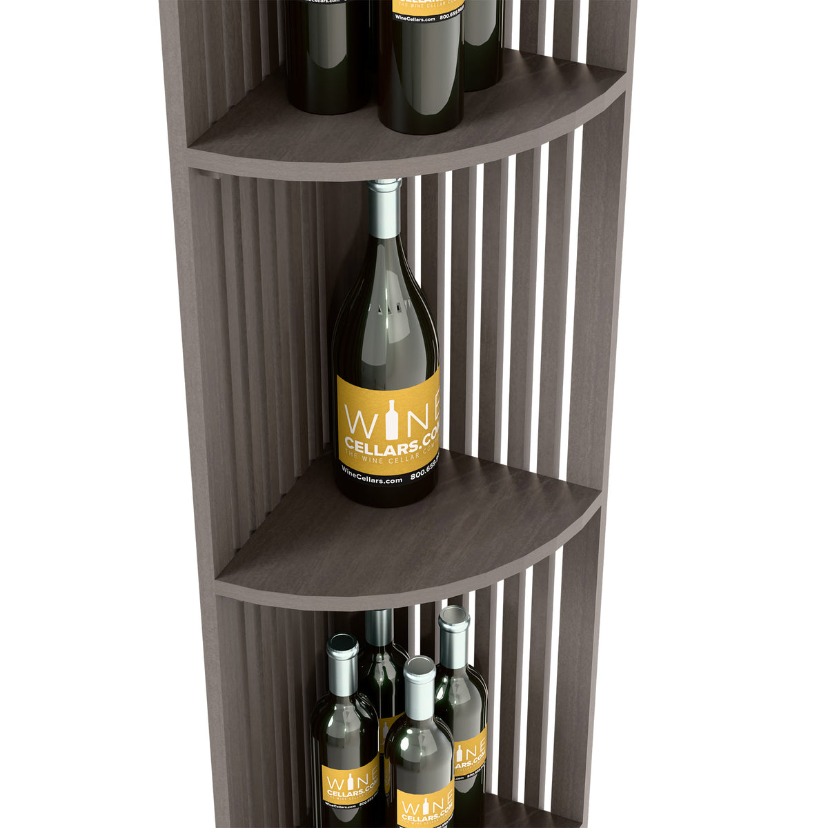 Dark wood corner wine shelf with lattice slats and two curved shelves holding bottles