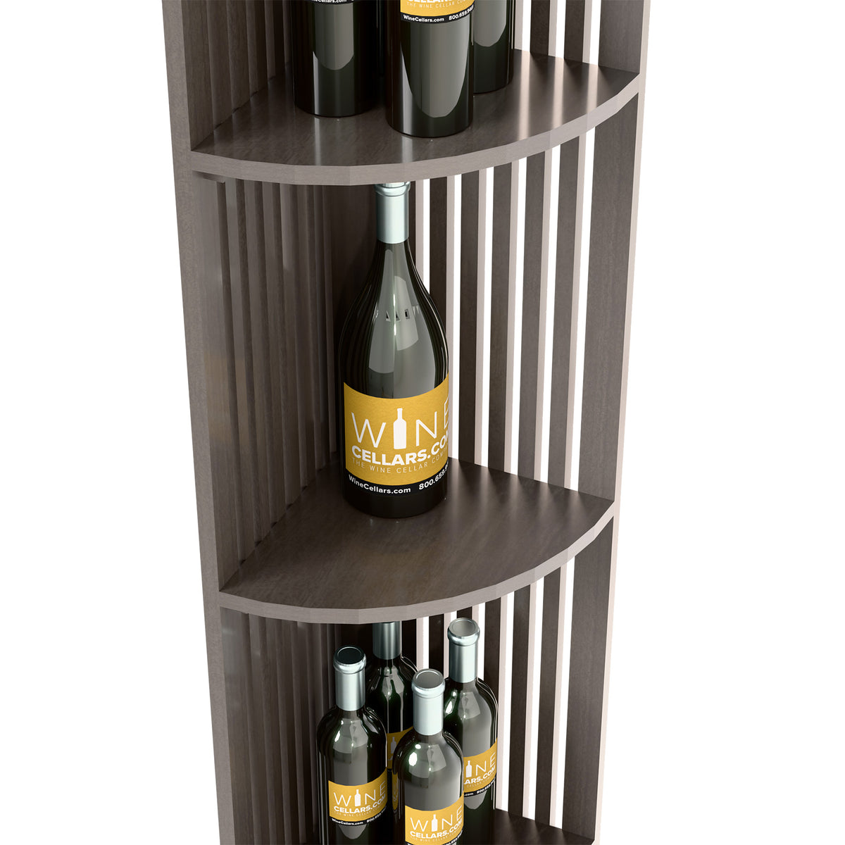 Dark wood lattice wine shelf with rounded shelves and a bottle on the middle tier