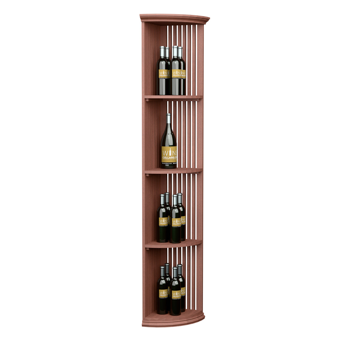 Red wood lattice quarter-round wine shelf with round base, three curved tiers