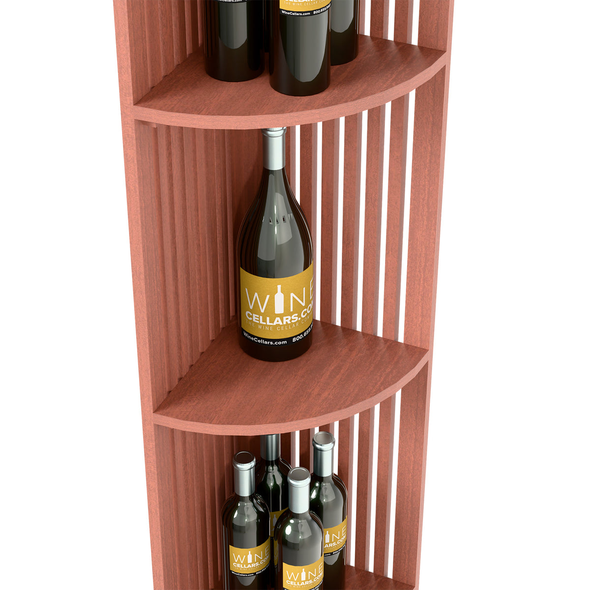 Red wood corner wine shelf with lattice slats and two curved shelves with bottles