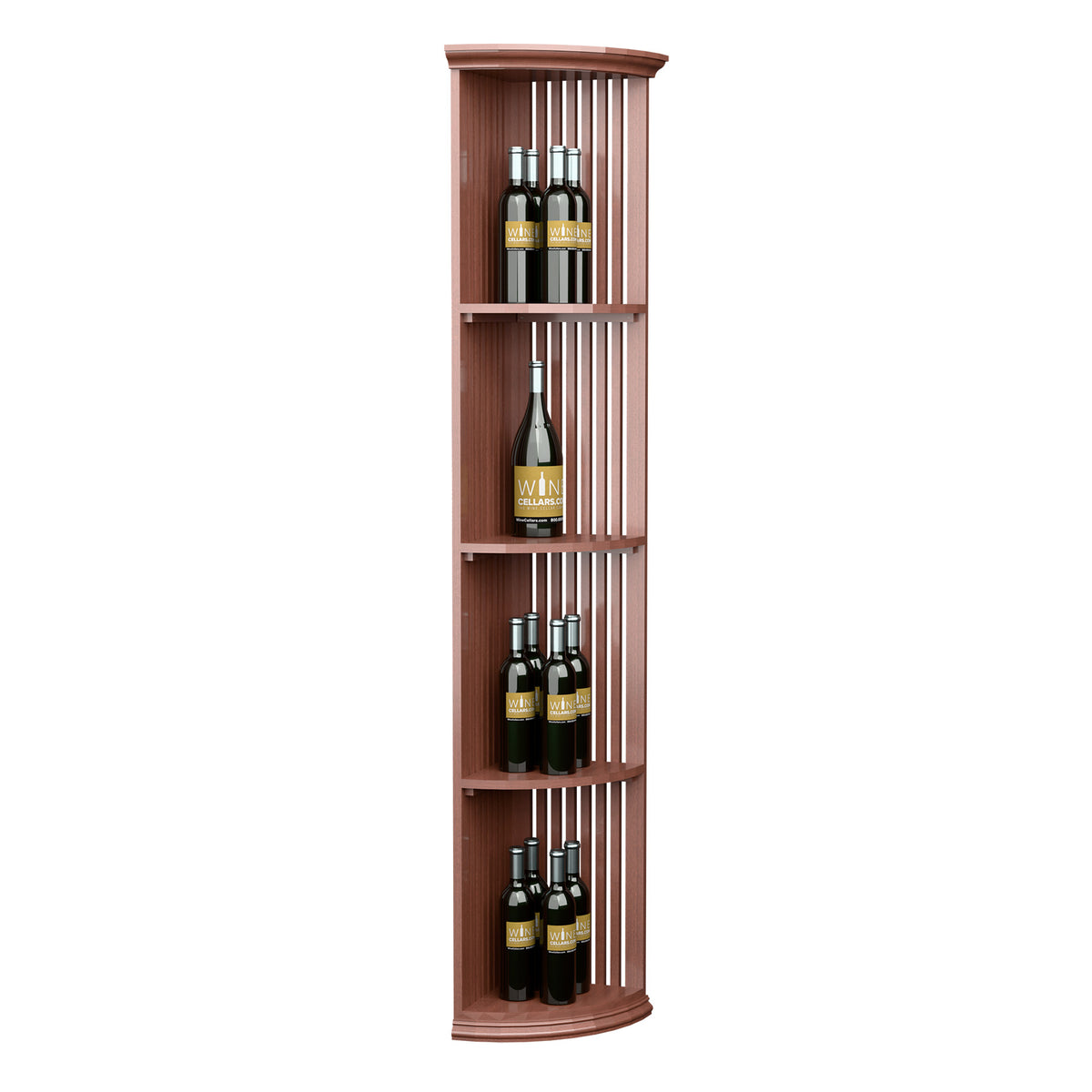 Red wood tall lattice wine shelf with curved top tier and round base, three tiers