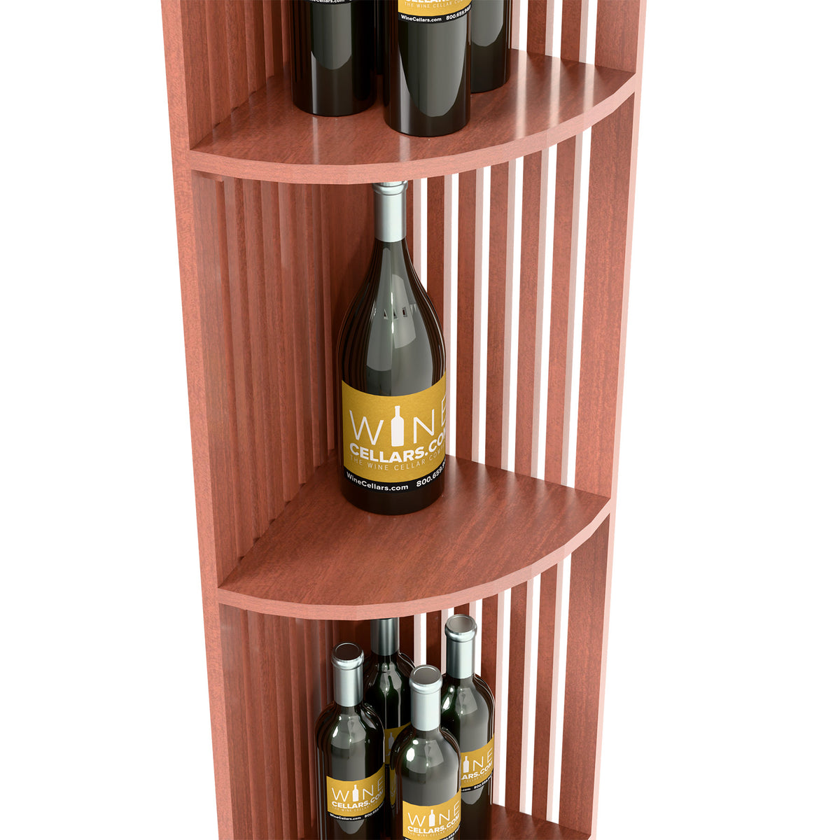 Red wood lattice wine shelf with rounded shelves holding bottles on the upper tier