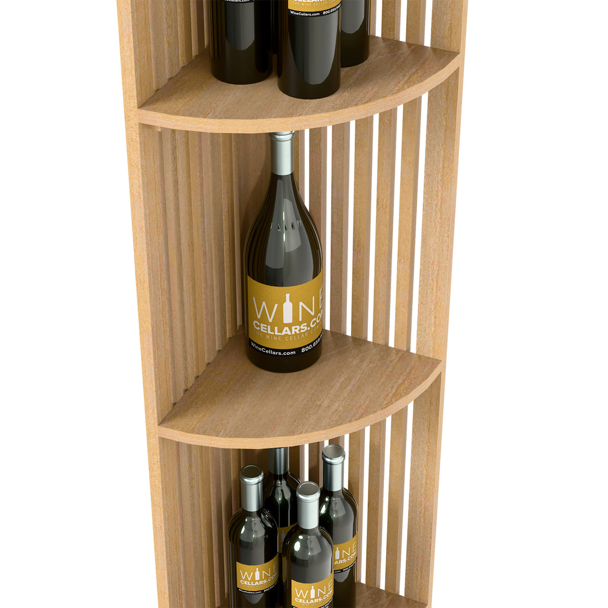 Light wood corner wine shelf with lattice sides and curved shelves holding bottles