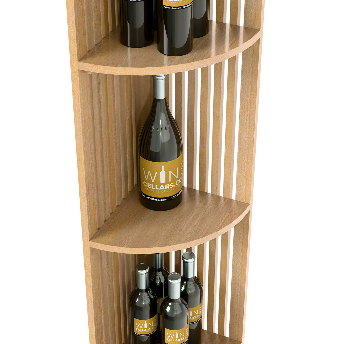 Light wood curved wine shelf section with lattice sides and curved corner shelves