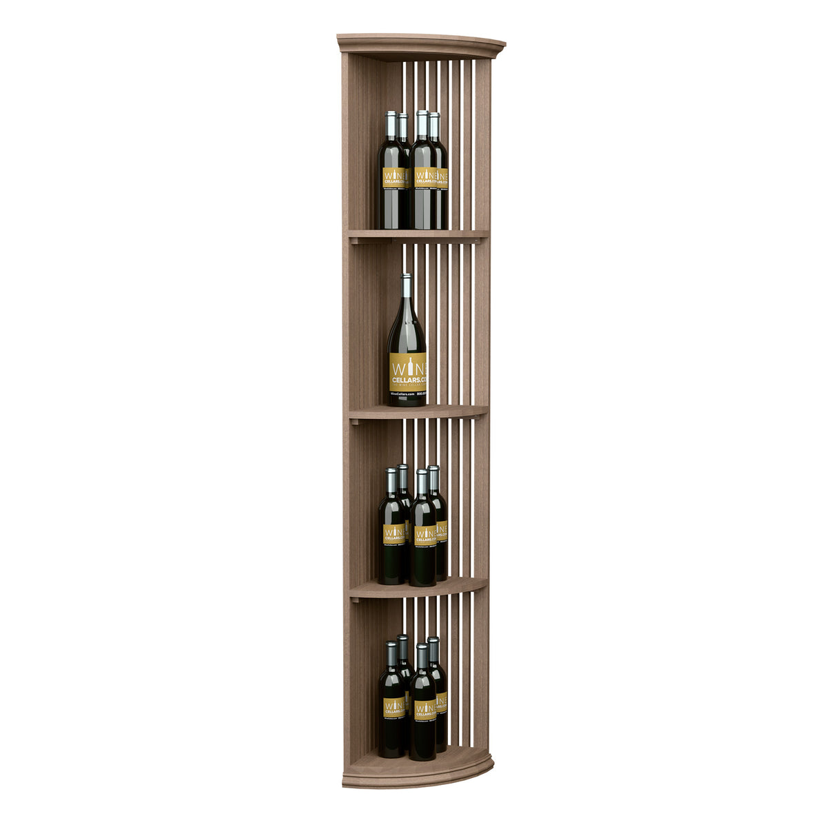 Light wood tall lattice quarter-round wine shelf with round base and multiple bottle rows