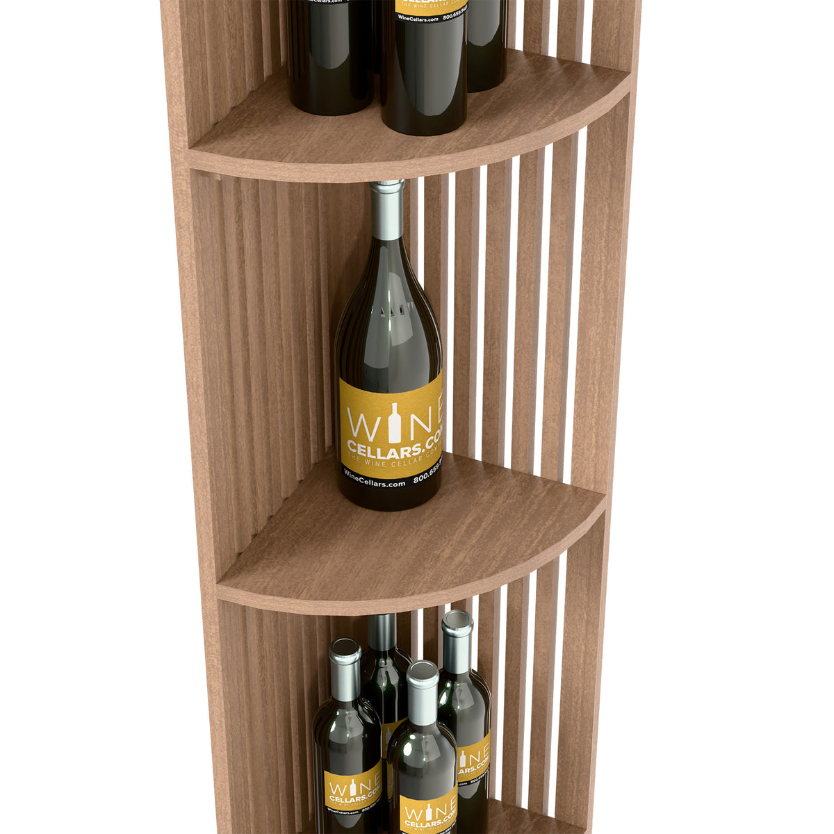 Light wood curved corner wine shelf with lattice panels and bottle display shelves